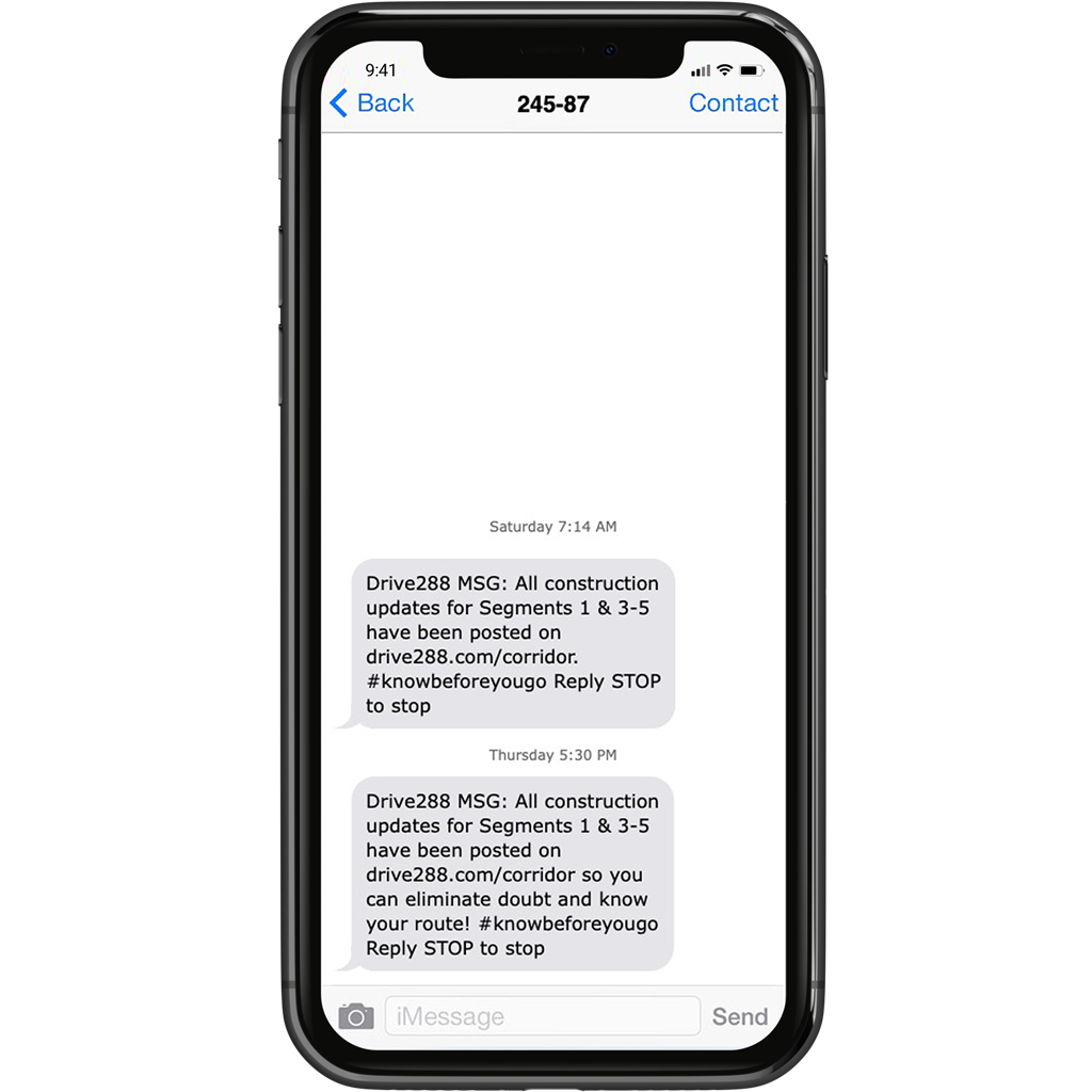 TxDOT Drive 288 text message alerts