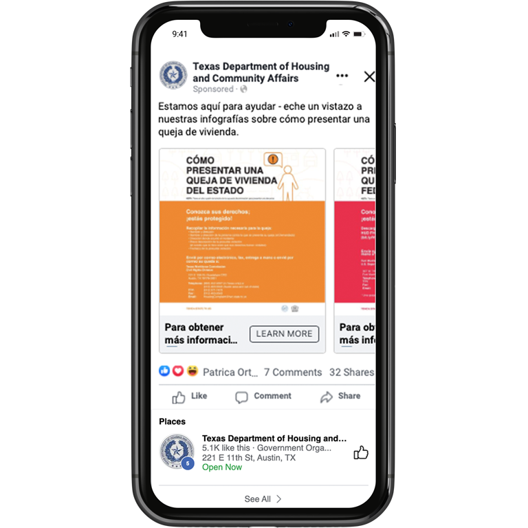 Texas Department of Housing and Community Affairs social media sponsored post